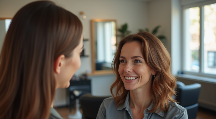Femme souriante discutant coiffure avec coiffeuse dans salon lumineux