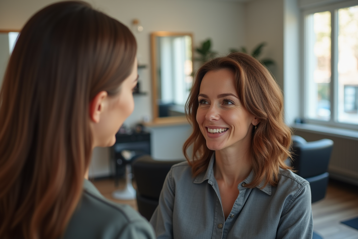 Femme souriante discutant coiffure avec coiffeuse dans salon lumineux