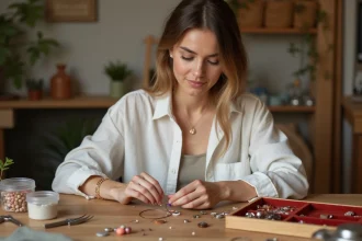 Femme assemblant un bracelet personnalisé avec des perles colorées sur une table en bois, kit de bijoux fait main