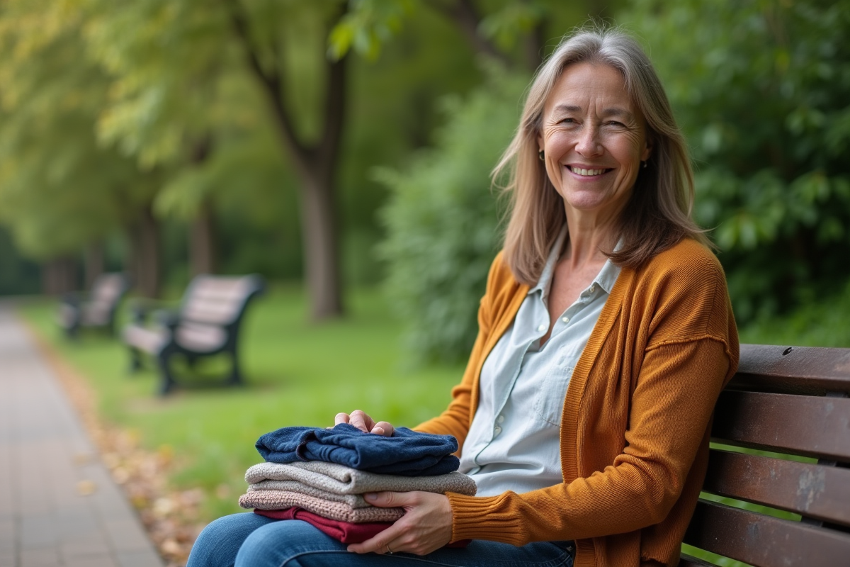 Femme assise dans un parc pliant des vêtements
