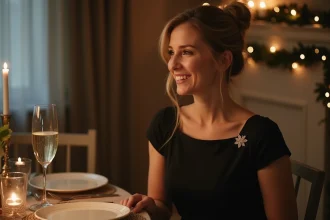 Femme élégante en robe noire pour le Nouvel An