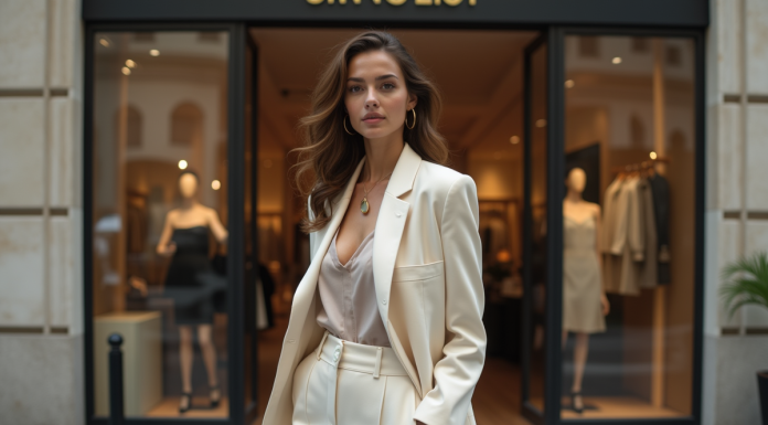 Femme élégante devant une boutique haut de gamme
