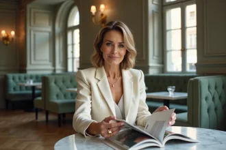 Femme élégante feuilletant un magazine de luxe dans un salon parisien au décor raffiné