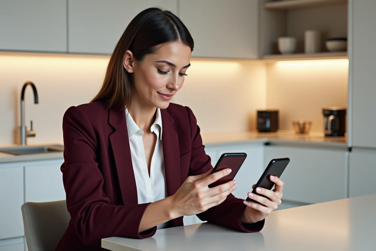 Femme comparant l'ergonomie de deux applications de shopping mode sur smartphones dans une cuisine moderne