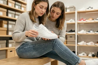 Femme essayant une chaussure Adidas blanche dans un magasin pour vérifier la bonne pointure
