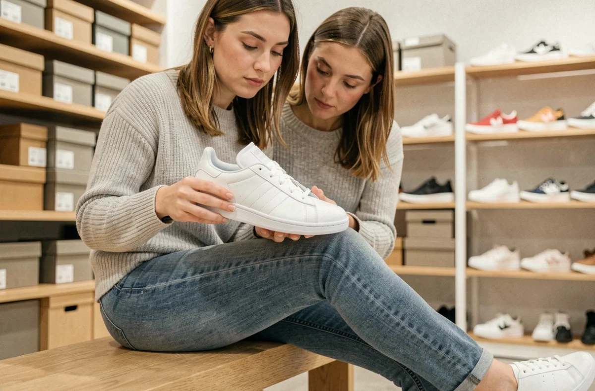 Femme essayant une chaussure Adidas blanche dans un magasin pour vérifier la bonne pointure
