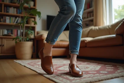 Jeune femme essayant des chaussures en cuir marron dans un salon