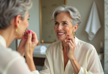 Femme âgée souriante appliquant du rouge à lèvres dans une salle de bain moderne