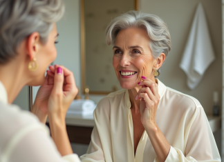 Maquillage 60 ans : choisir le meilleur rouge à lèvres pour sublimer votre visage Femme âgée souriante appliquant du rouge à lèvres dans une salle de bain moderne