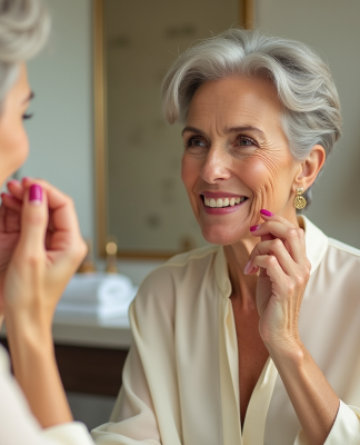 Femme âgée souriante appliquant du rouge à lèvres dans une salle de bain moderne