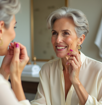 Maquillage 60 ans : choisir le meilleur rouge à lèvres pour sublimer votre visage Femme âgée souriante appliquant du rouge à lèvres dans une salle de bain moderne