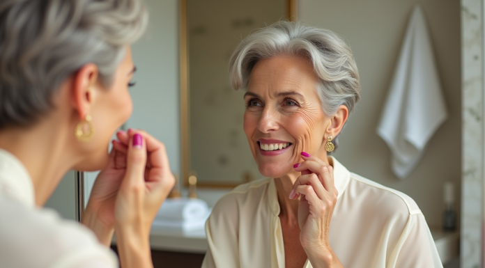 Femme âgée souriante appliquant du rouge à lèvres dans une salle de bain moderne