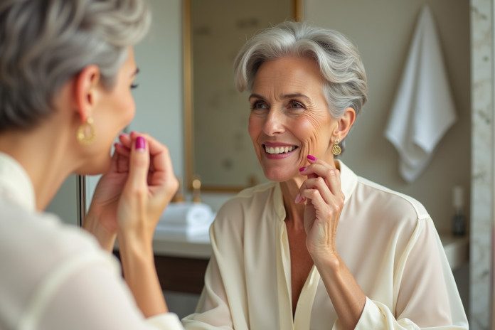 Femme âgée souriante appliquant du rouge à lèvres dans une salle de bain moderne