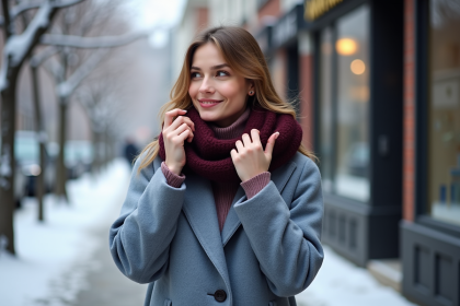 Jeune femme en manteau bleu et écharpe dans la rue d'hiver