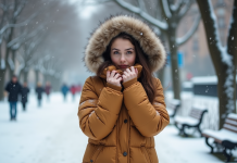 Neige : les doudounes sont-elles adaptées ? Conseils et astuces hivernales Jeune femme en manteau doudou dans la neige urbaine