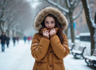 Neige : les doudounes sont-elles adaptées ? Conseils et astuces hivernales Jeune femme en manteau doudou dans la neige urbaine