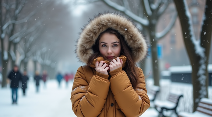 Jeune femme en manteau doudou dans la neige urbaine