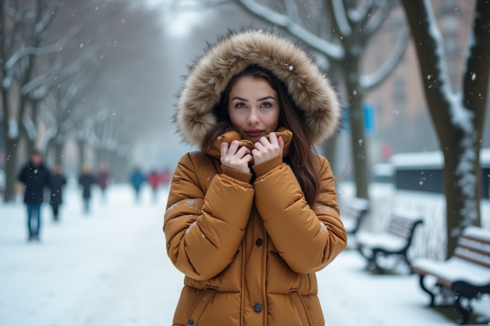 femme-hiver-ville-neige Jeune femme en manteau doudou dans la neige urbaine