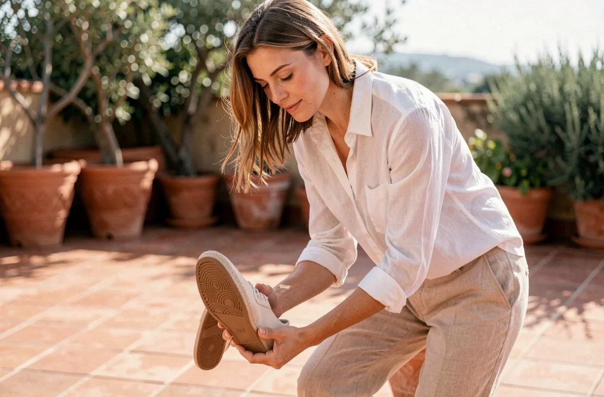 Femme inspectant la semelle d'une espadrille sur une terrasse en carrelage méditerranéen, évaluant la robustesse et les critères de durabilité d'une bonne paire d'espadrilles