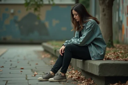 Femme seule assise sur un banc urbain usé, regard perdu dans le vide, illustrant l'isolement social après un divorce difficile
