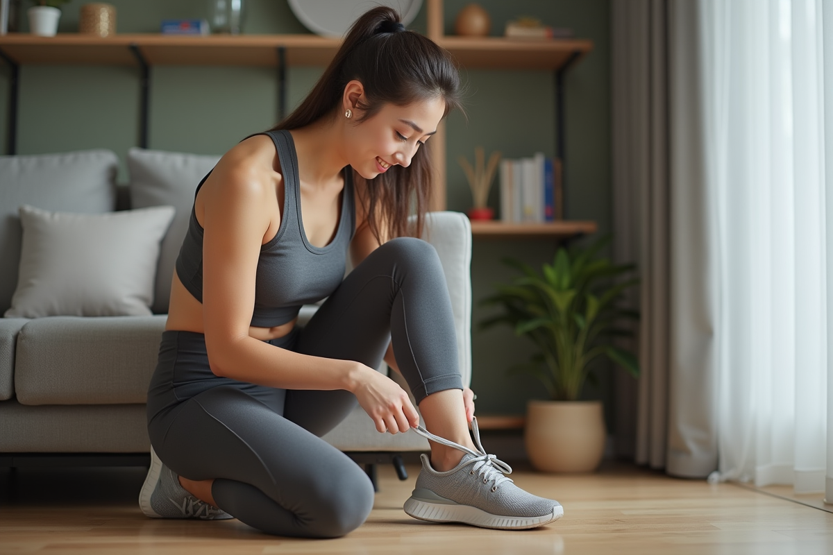 Jeune femme nouant ses chaussures de course dans son salon moderne