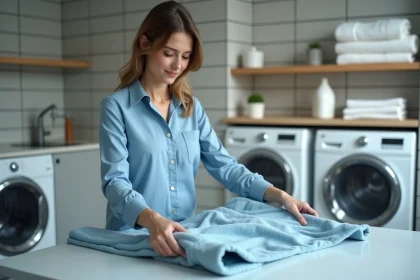 Femme en bleu lissant un tissu polyester dans la buanderie
