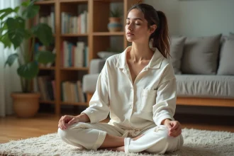 Jeune femme en détente dans un salon cosy