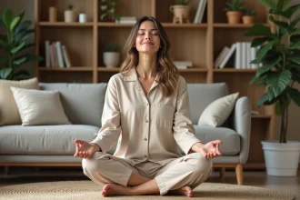 Femme m&eacute;ditant dans un salon cosy et naturel
