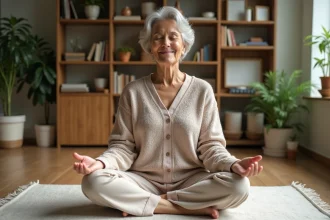 Femme m&eacute;ditant dans un salon cosy et lumineux