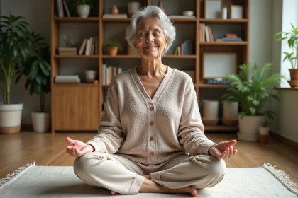 Femme m&eacute;ditant dans un salon cosy et lumineux