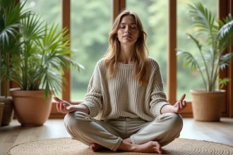 Femme m&eacute;ditant dans un int&eacute;rieur lumineux et naturel
