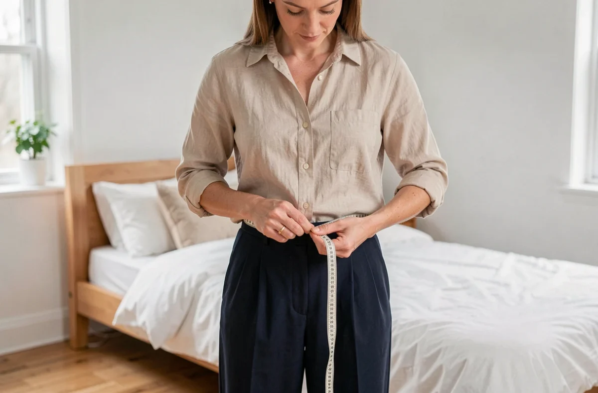 Femme mesurant son tour de taille avec un mètre ruban pour vérifier si un pantalon taille 42 lui ira