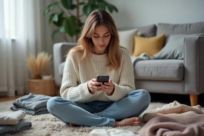 Jeune femme sur le sol du salon avec smartphone et vêtements