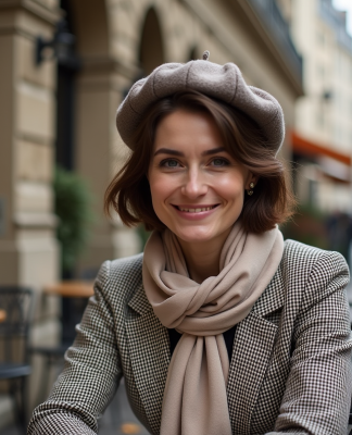 Femme élégante en beret et blazer à Paris en automne