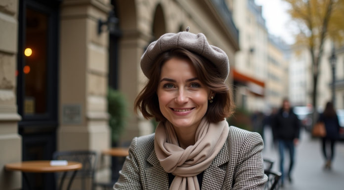 Femme élégante en beret et blazer à Paris en automne
