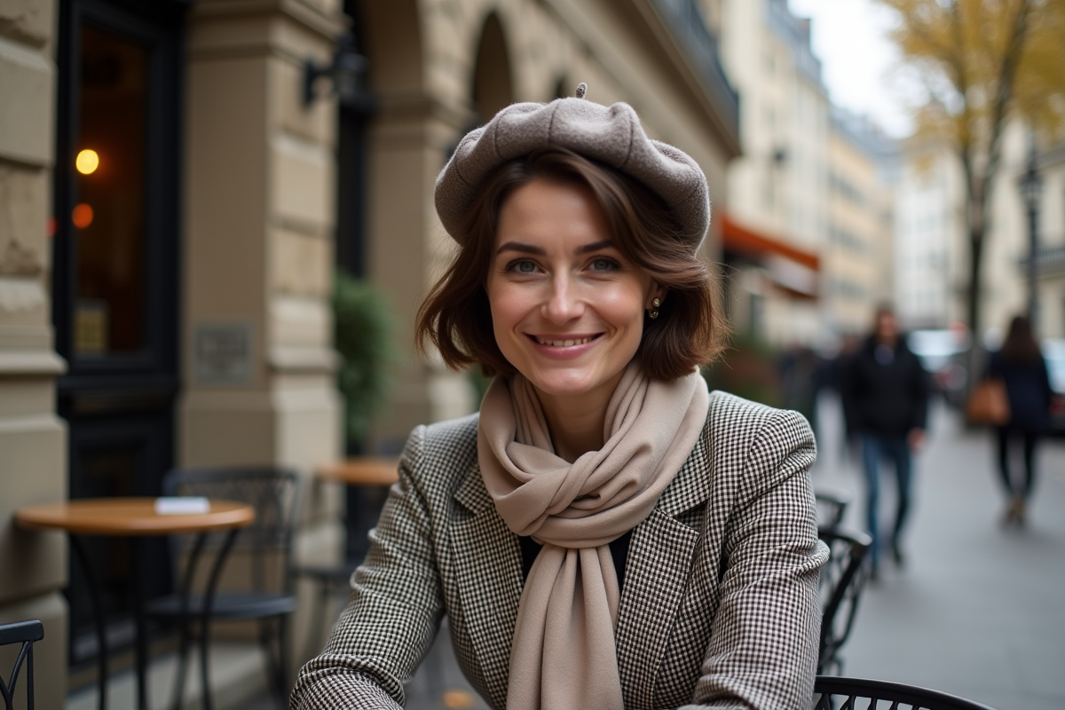 Femme élégante en beret et blazer à Paris en automne