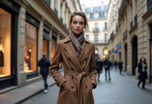 Femme élégante en trench à Paris avec boutiques de luxe