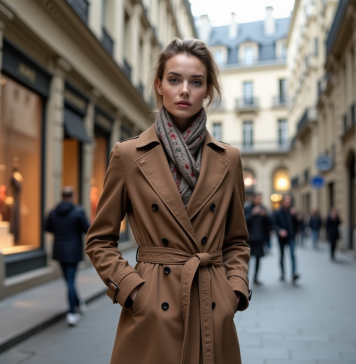 Luxueuses marques françaises : quel est le top ? Femme élégante en trench à Paris avec boutiques de luxe