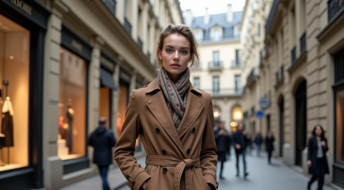 Femme élégante en trench à Paris avec boutiques de luxe