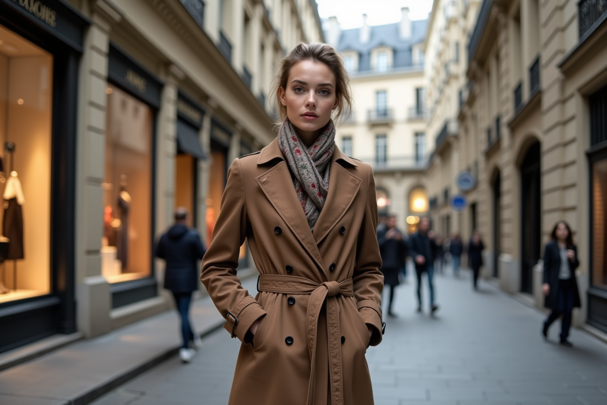 Femme élégante en trench à Paris avec boutiques de luxe
