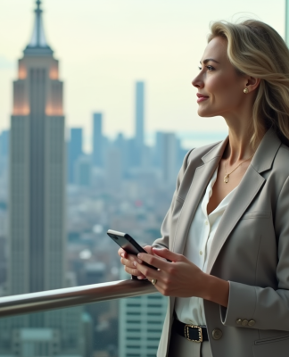 Femme élégante sur un balcon de penthouse avec vue urbaine