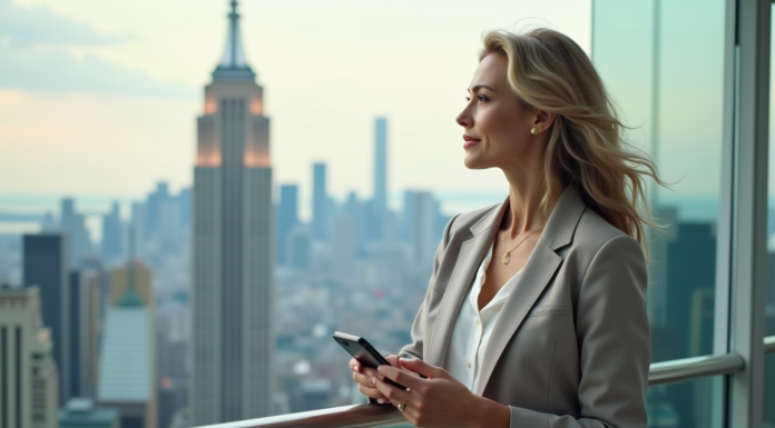 Femme élégante sur un balcon de penthouse avec vue urbaine