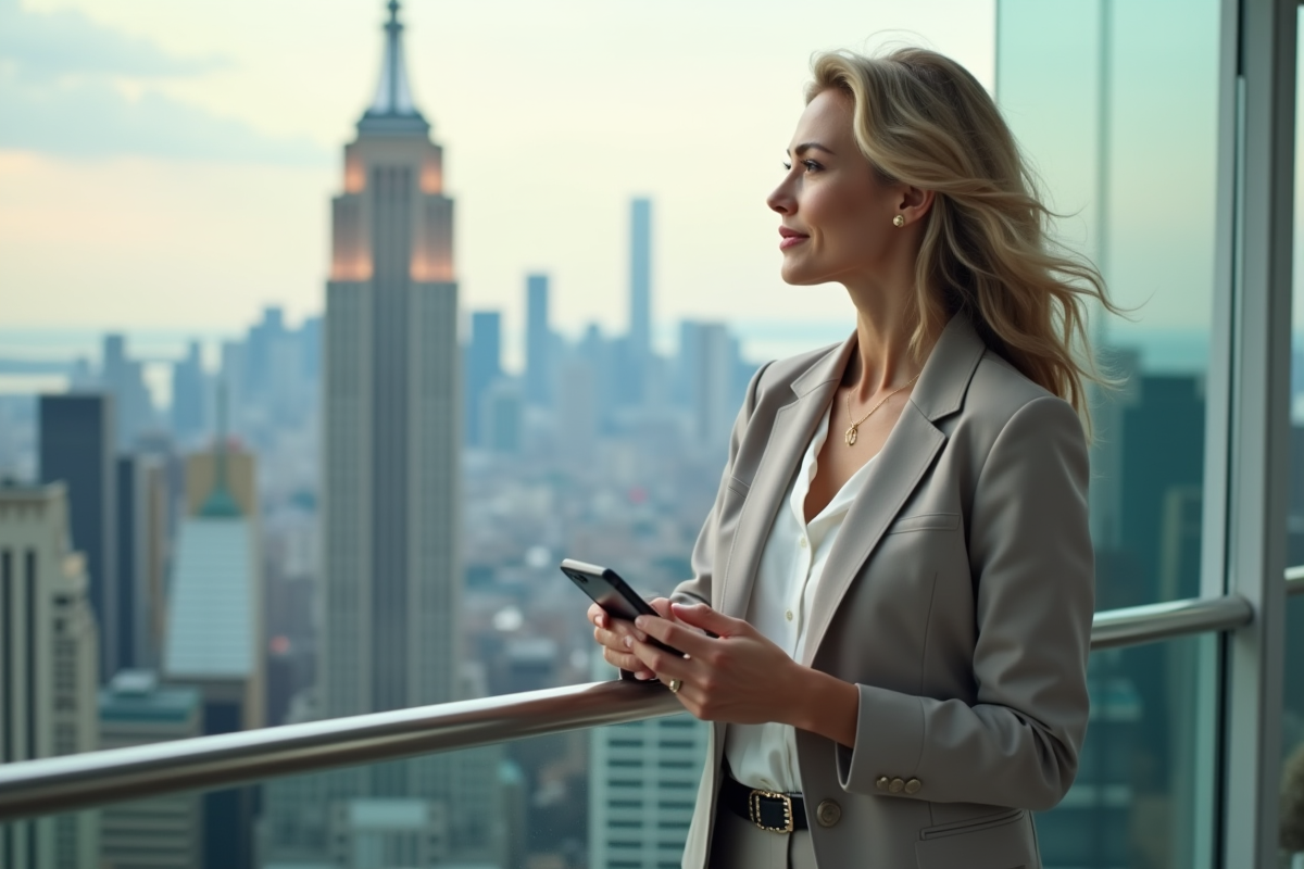 Femme élégante sur un balcon de penthouse avec vue urbaine