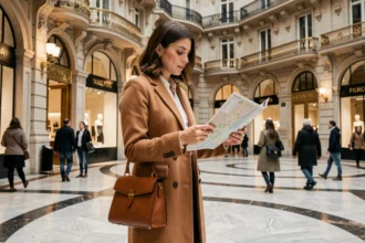 Femme consultant un plan de grand magasin parisien à l'entrée d'un magasin haussmannien élégant