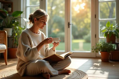 Femme m&eacute;ditative buvant du th&eacute; dans un salon lumineux