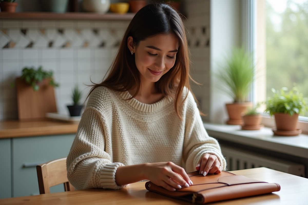 Jeune femme réparant un sac en cuir dans la cuisine