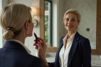 Femme confiante appliquant rouge à lèvres en miroir