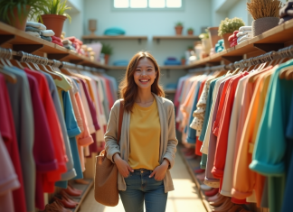 La plus grande collection de vêtements au monde appartient à qui ? Femme souriante dans une salle lumineuse avec vêtements colorés