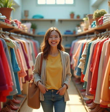 Femme souriante dans une salle lumineuse avec vêtements colorés