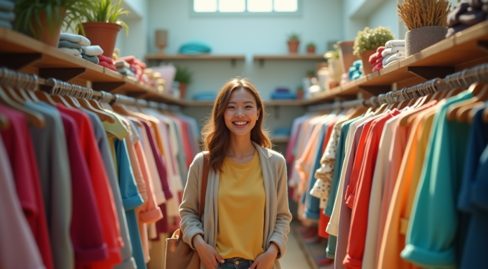 Femme souriante dans une salle lumineuse avec vêtements colorés